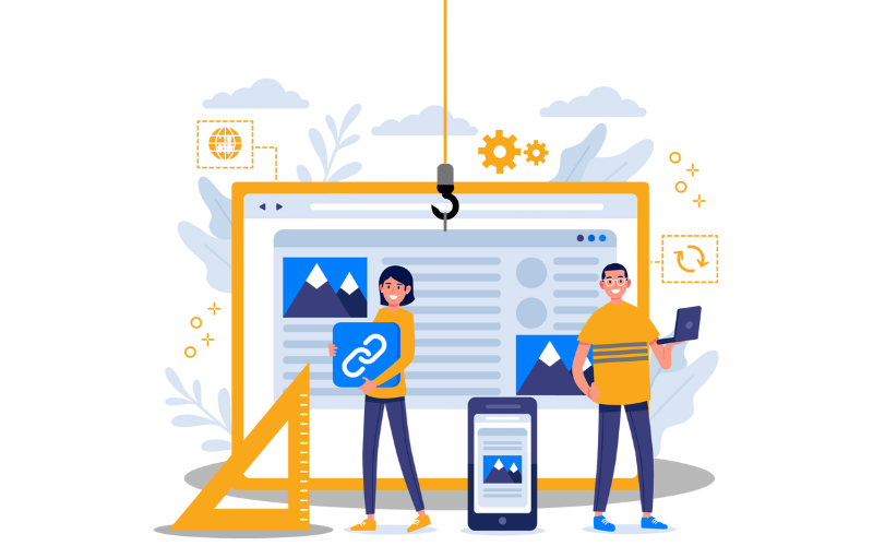 Illustration representing custom website development benefits like speed, UX, security, and SEO