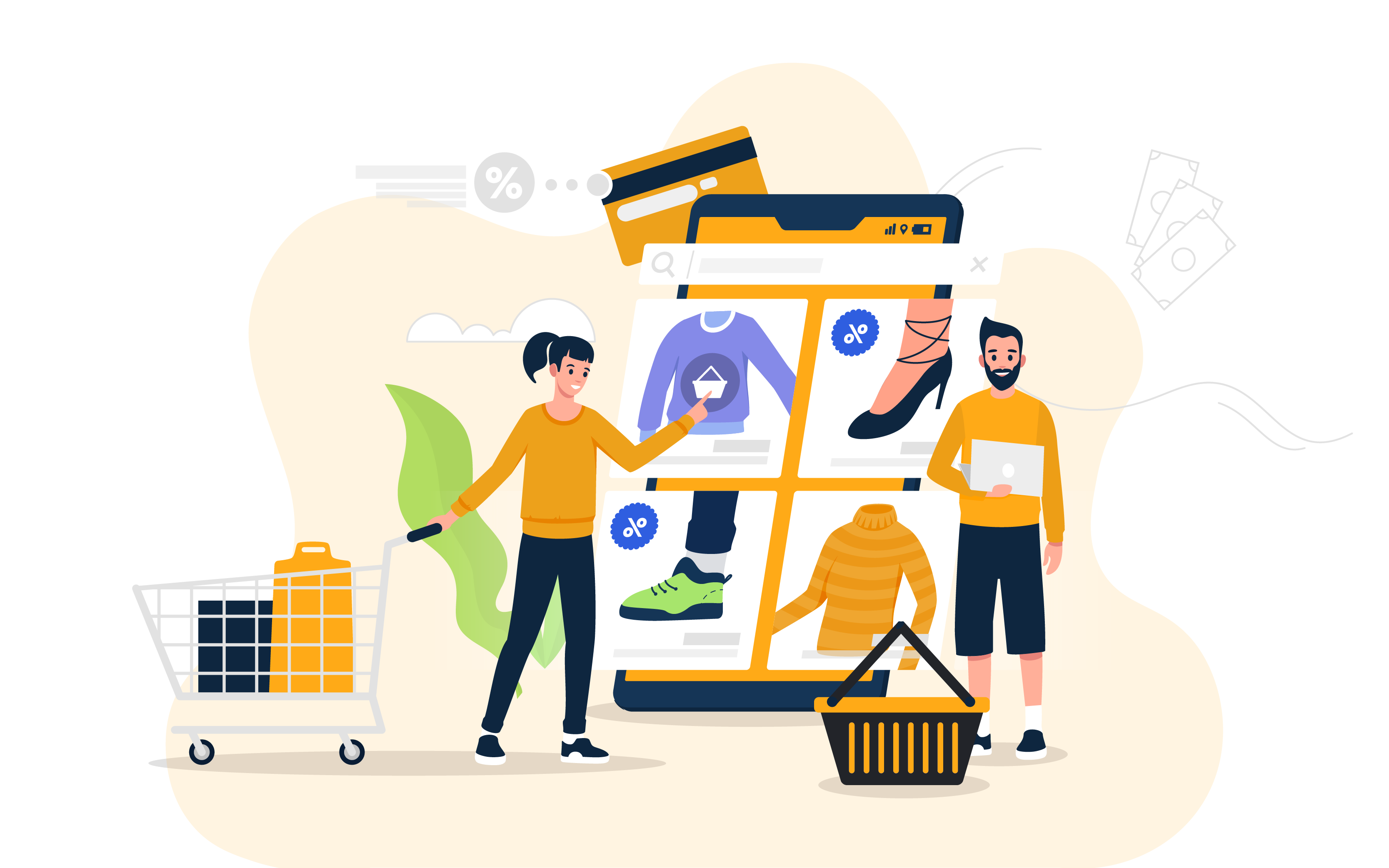 Illustration of E-commerce Marketing Strategies Including SEO, Social Media, Email Campaigns, and Online Sales